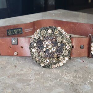 Leather belt with rhinestones